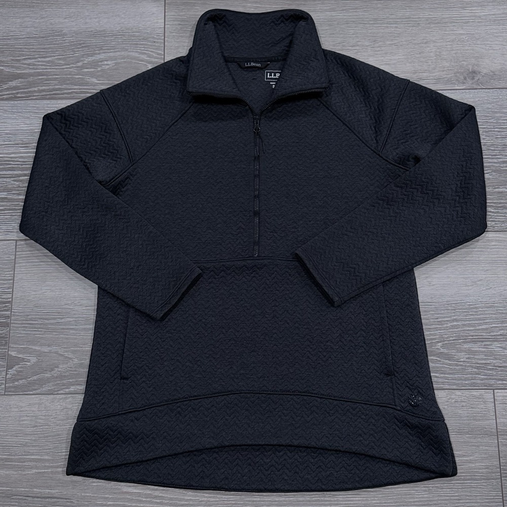 L.L.Bean Women's S Petite Quilted Chevron 1/2 Zip Pullover Black Kangaroo Pocket
